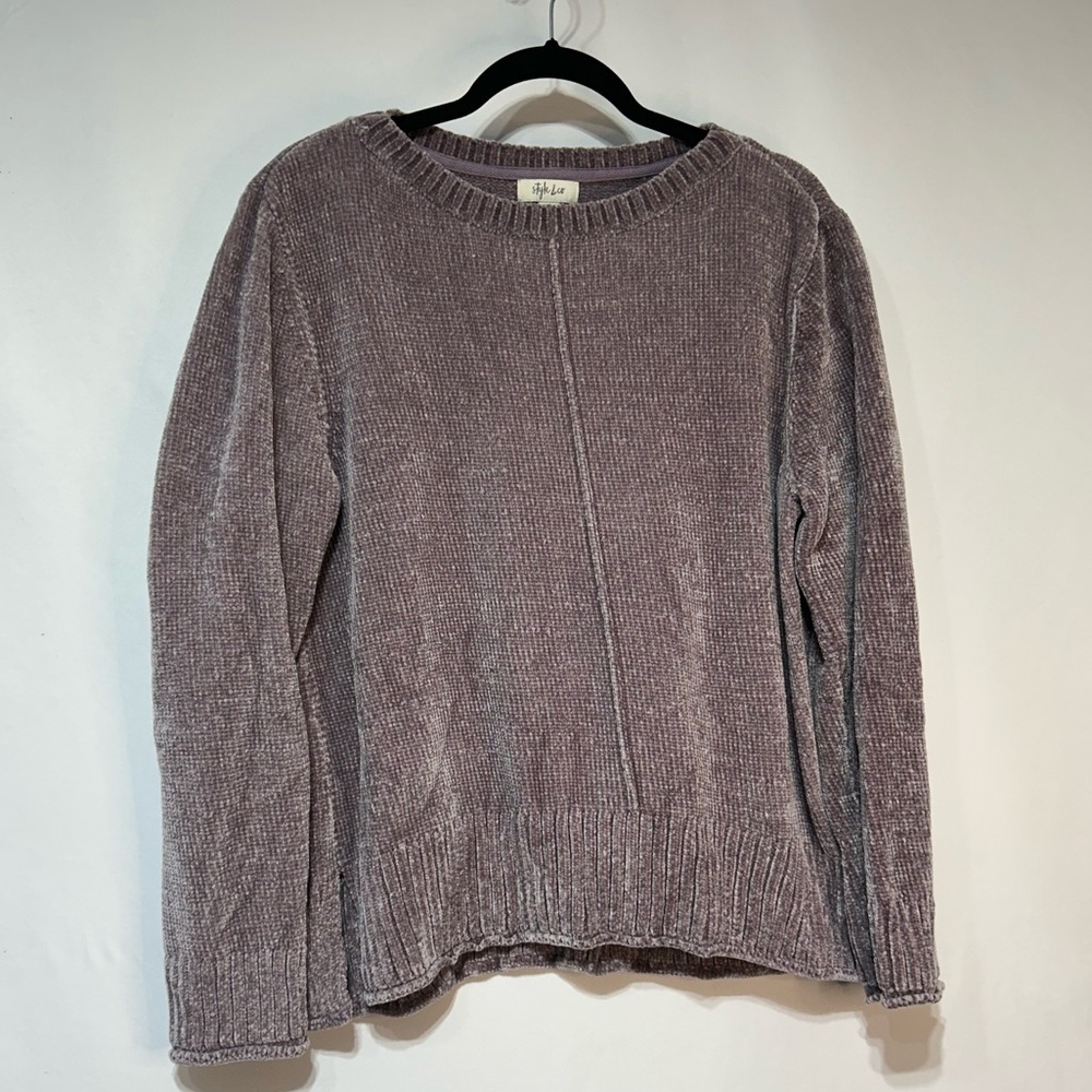 Woman’s mauve/taupe ultra plush sweater. Size Large. Crew neck, side slit detail